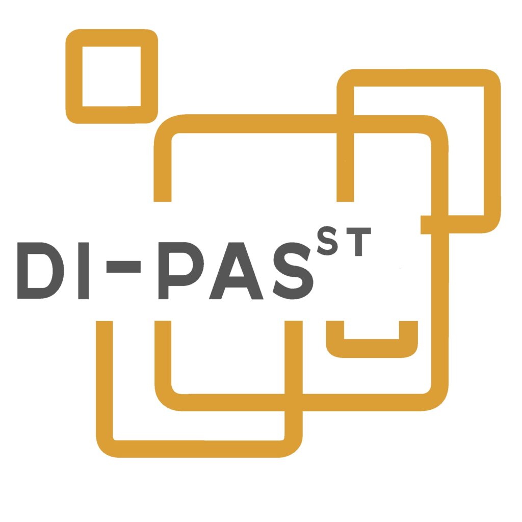 Logo des Projektes DI-PASST. Vier übereinanderliegende orangene Viereck-Otlines mit schwarzem schriftzug.