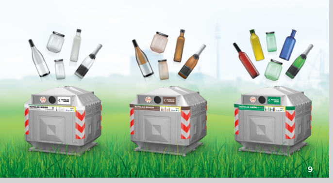Drei Altglascontainer mit der jeweiligen Glassorte als Sortierungshilfe. Eine Grafik.